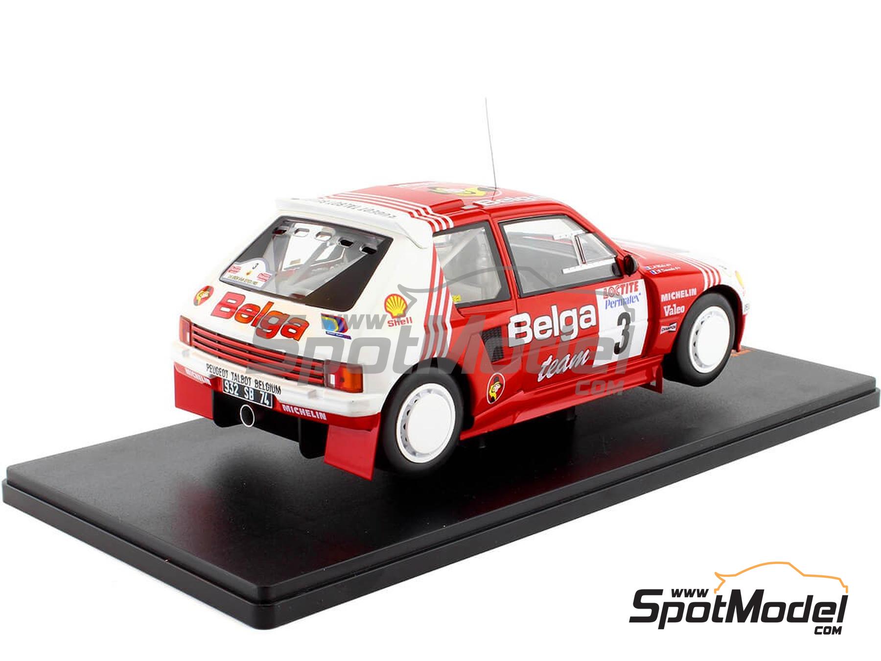 Peugeot 205 T16 Group B sponsored by Belga - Ypres 24 Hours Rally 1985.  Diecast model car in 1/18 scale manufactured by Ixo Models (ref.  IXO-RMC135.22